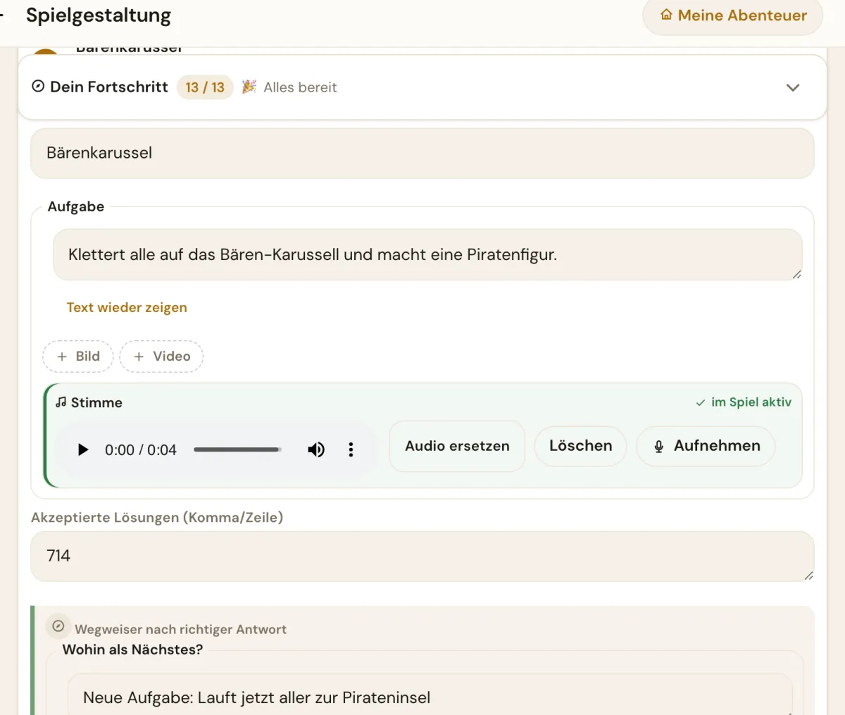Der Stationseditor mit Aufgabentext, Feldern für Bild und Video, der Tonspur und der hinterlegten Lösung