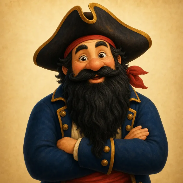 Gezeichneter Piratenkapitän mit schwarzem Bart, Dreispitz und blauem Mantel