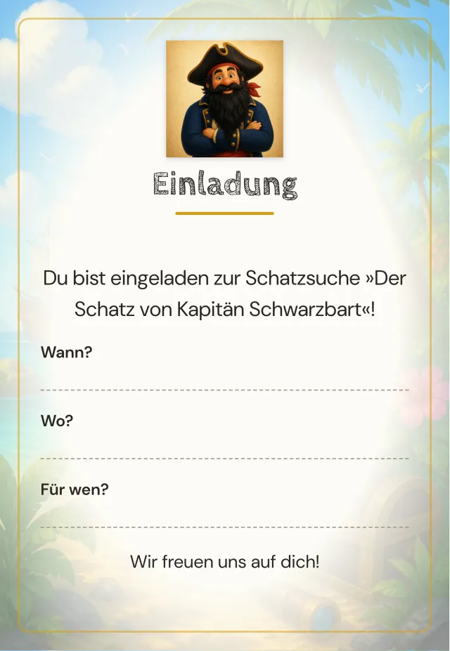 Gedruckte Einladung zur Schatzsuche mit Feldern für Datum und Ort