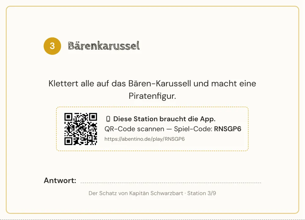 Gedruckte Stationskarte für das Bärenkarussell mit Antwortzeile