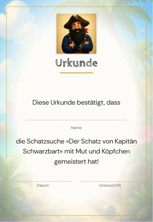 Gedruckte Urkunde mit Feldern für Name, Datum und Unterschrift
