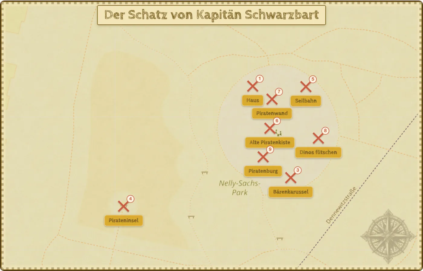 Sepiafarbene Schatzkarte eines Parks mit neun nummerierten roten Kreuzen, Stationsnamen und Kompassrose