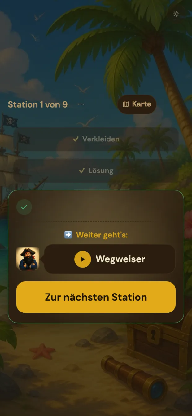 Bestätigung mit grünem Haken und Wegweiser zur nächsten Station