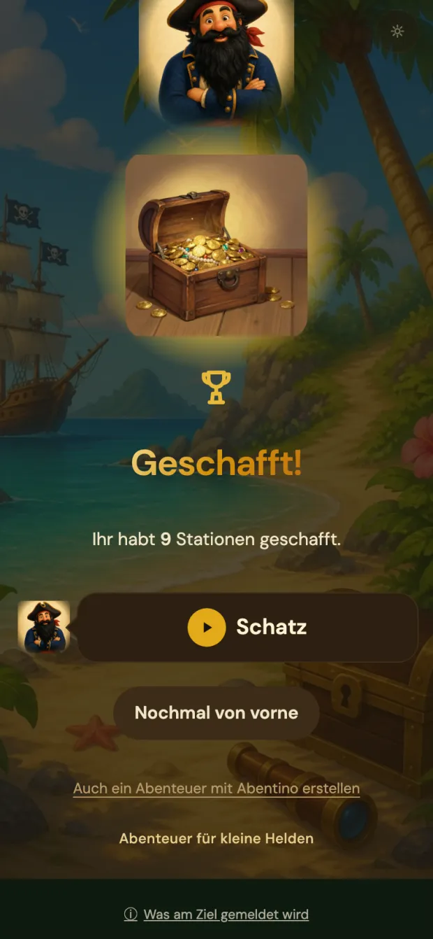 Schlussbildschirm mit offener Schatztruhe und dem Wort Geschafft