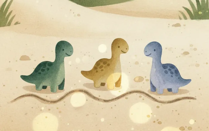 Gezeichnete Szene: drei kleine Spielzeug-Dinosaurier im Sand hinter einer Startlinie