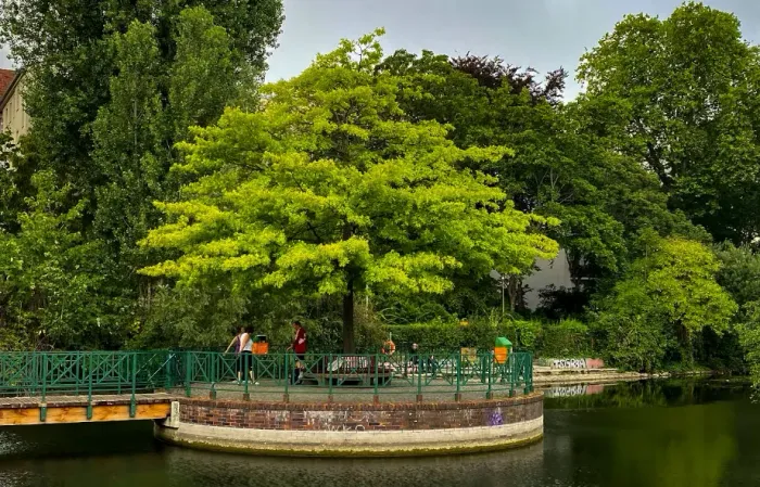 Kleine Insel mit einem großen Baum und grünem Geländer in einem Parkteich