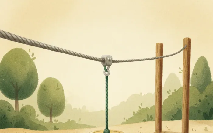 Gezeichnete Szene: eine Spielplatz-Seilbahn mit Sitzteller an einem Stahlseil