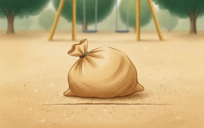 Gezeichnete Szene: ein Sandsack-Ball im Sand hinter einer gezogenen Startlinie
