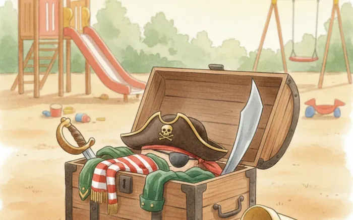 Gezeichnete Szene: eine offene Holztruhe voller Piratenkleidung auf einem Spielplatz