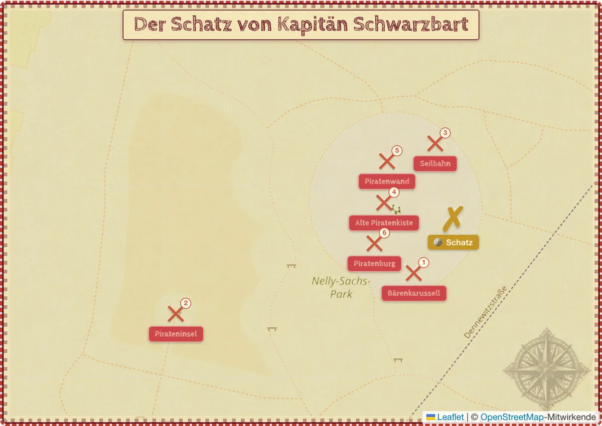 Fertige Schatzkarte im A3-Querformat mit Pergament-Rand, Kompassrose und sechs nummerierten Kreuzen auf einem Spielplatz