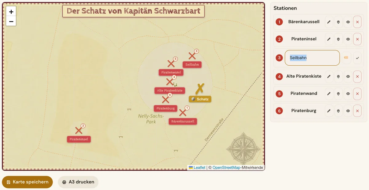 Karten-Editor mit sechs Stationen auf einem Spielplatz, beschriftet mit Seilbahn, Piratenwand und Piratenburg, daneben die Stationsliste