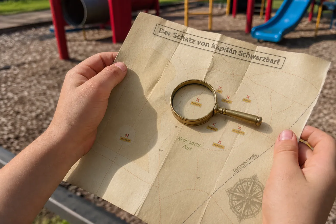 Kinderhände halten eine alte Schatzkarte und untersuchen sie mit einer Lupe am Spielplatz