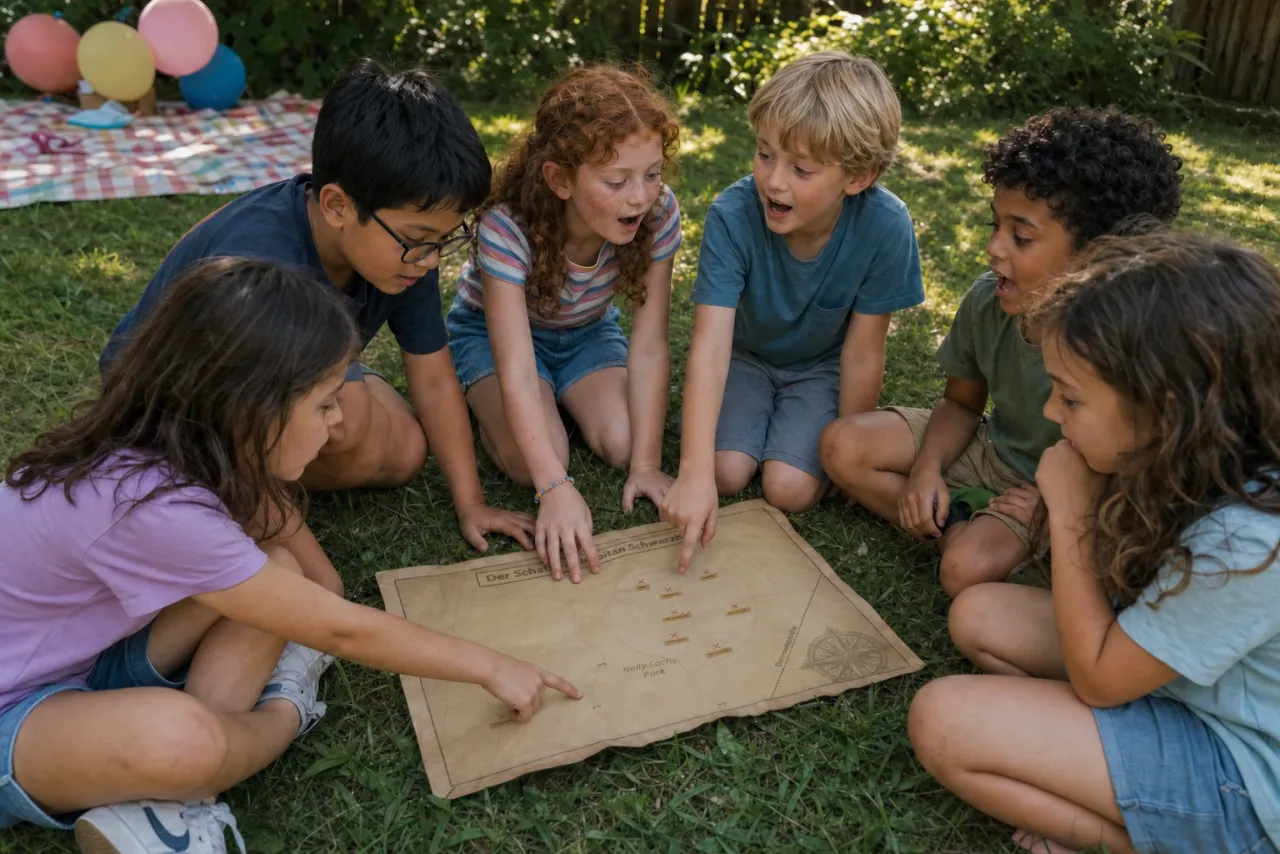 Mehrere Kinder sitzen im Garten um eine ausgebreitete Schatzkarte und deuten gespannt darauf